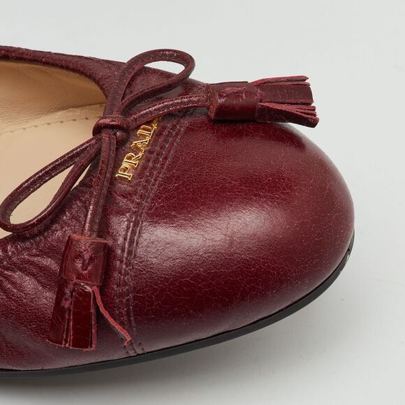 Prada Burgundy Leather Bow Scrunch Ballet Flats Size 37.5